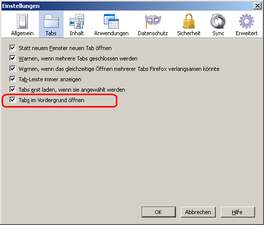 Tabs im Vordergrund öffnen