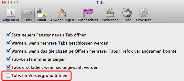 Tabs im Vordergrund öffnen
